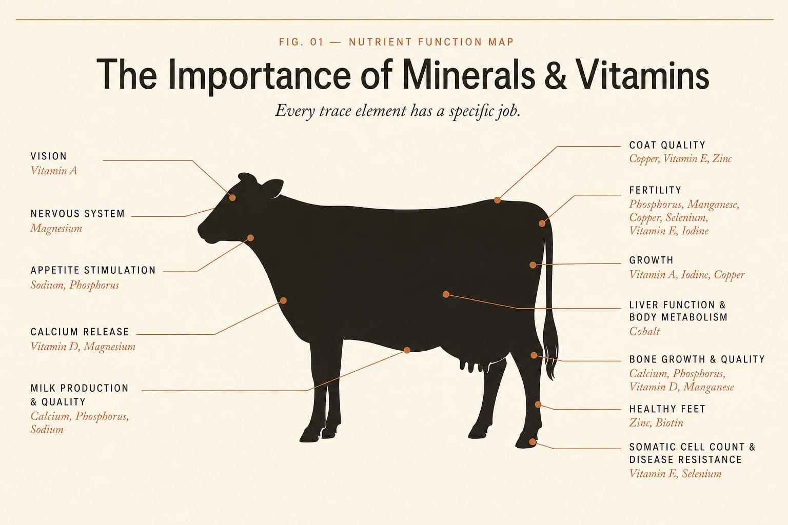 Reference diagram of the role of minerals and vitamins in dairy cow health, covering vision, fertility, bone growth, milk production and more